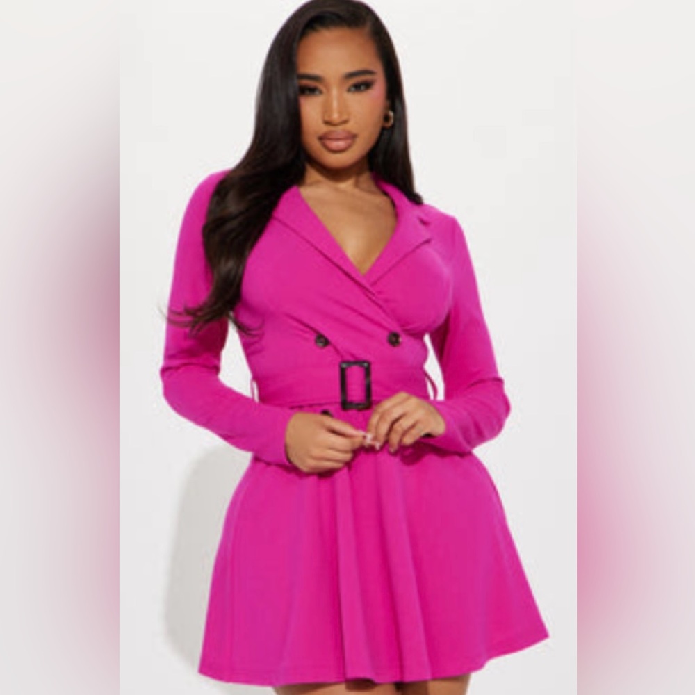 Pink Double-Breasted Belted Flare Blazer Dress